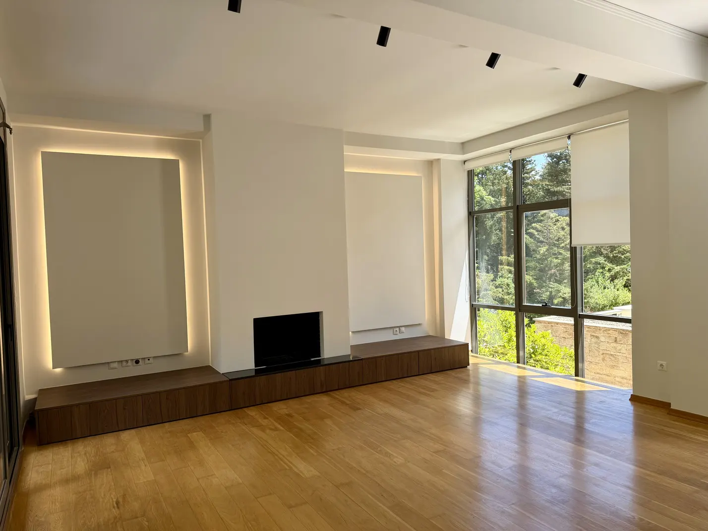 Bright, empty living room with hardwood floors, white walls, and large windows with a view of trees. A long, dark wood cabinet runs along the wall.