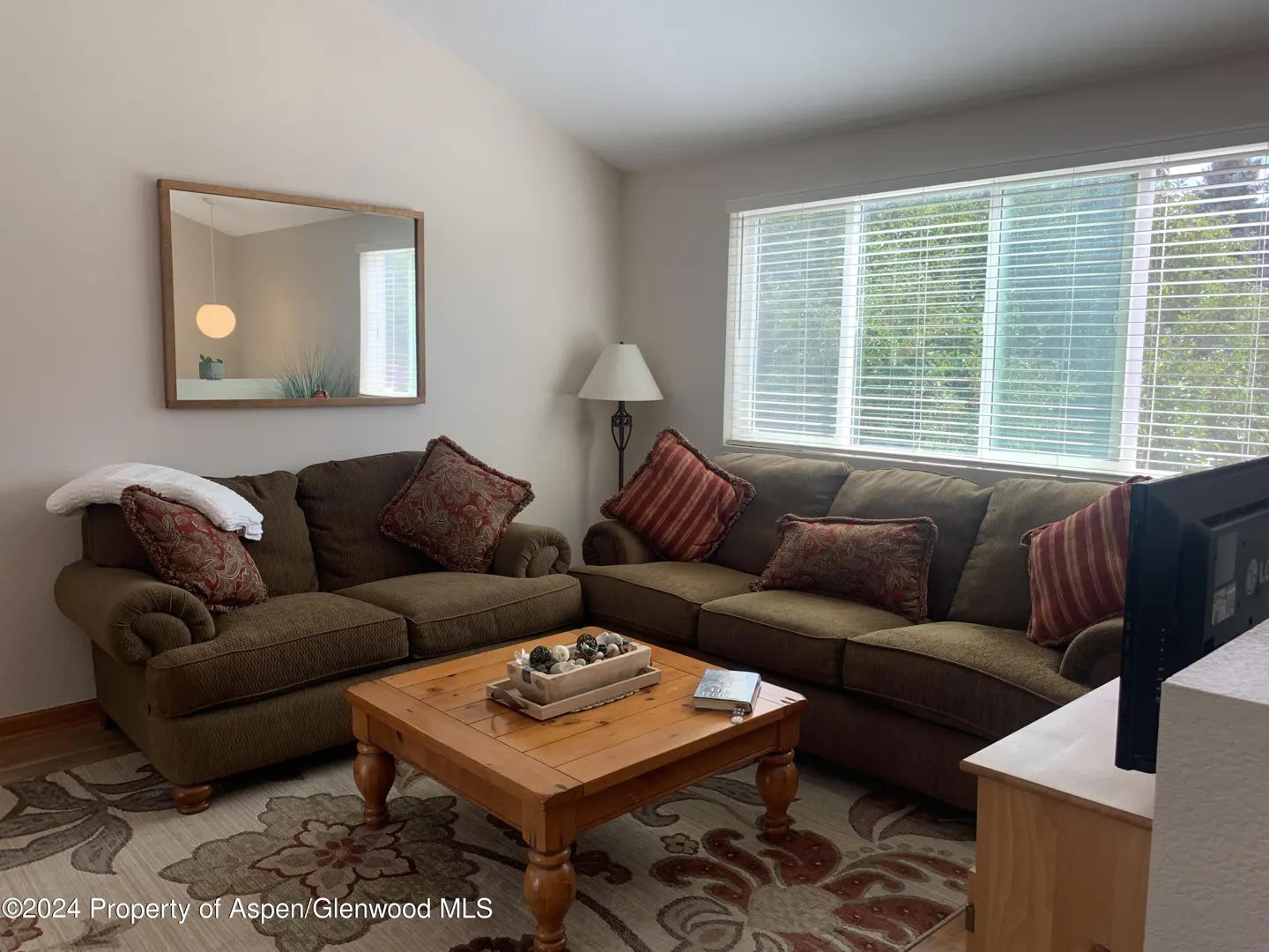 Living room with brown sofas, floral rug, and wood coffee table. A mirror hangs above the sofa, reflecting a pendant light. Large window with blinds.