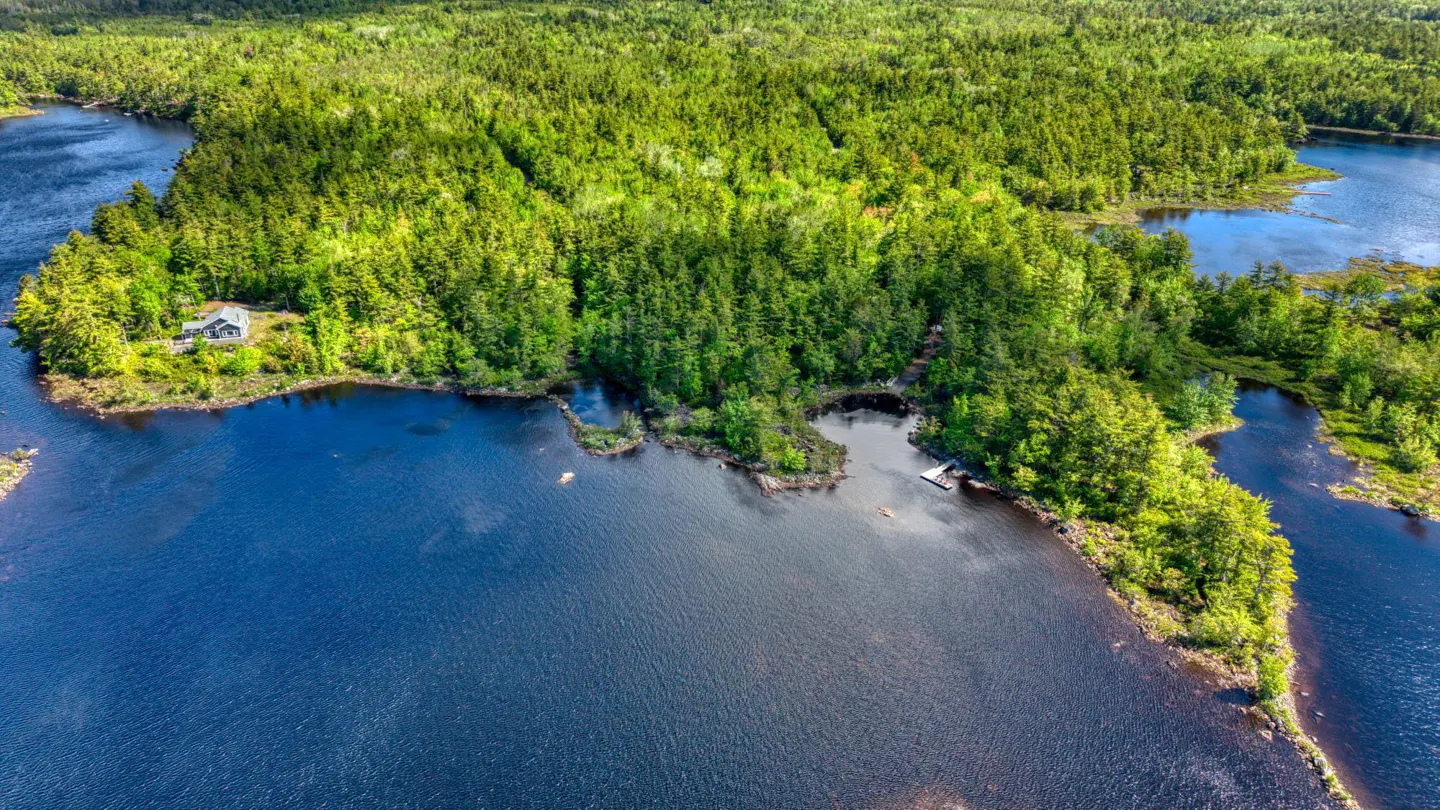 Aerial view of a secluded house nestled in a dense green forest on a peninsula surrounded by deep blue lake water.