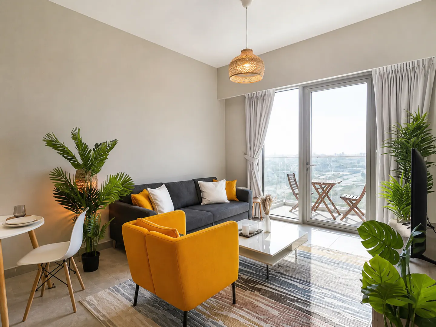 Bright living room with a gray sofa, yellow armchair, white table, and balcony with chairs.