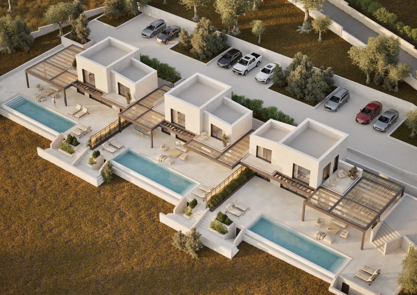 Aerial view of modern white villas, each with a private pool and pergola-covered patio, surrounded by green trees and parked cars.