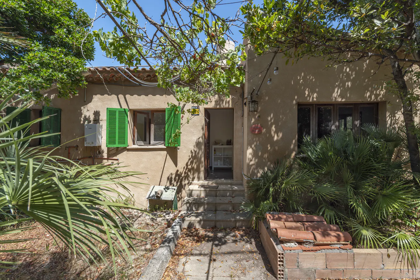 Tan-colored house exterior with bright green shutters, a central open doorway, and lush palm trees in the front yard.