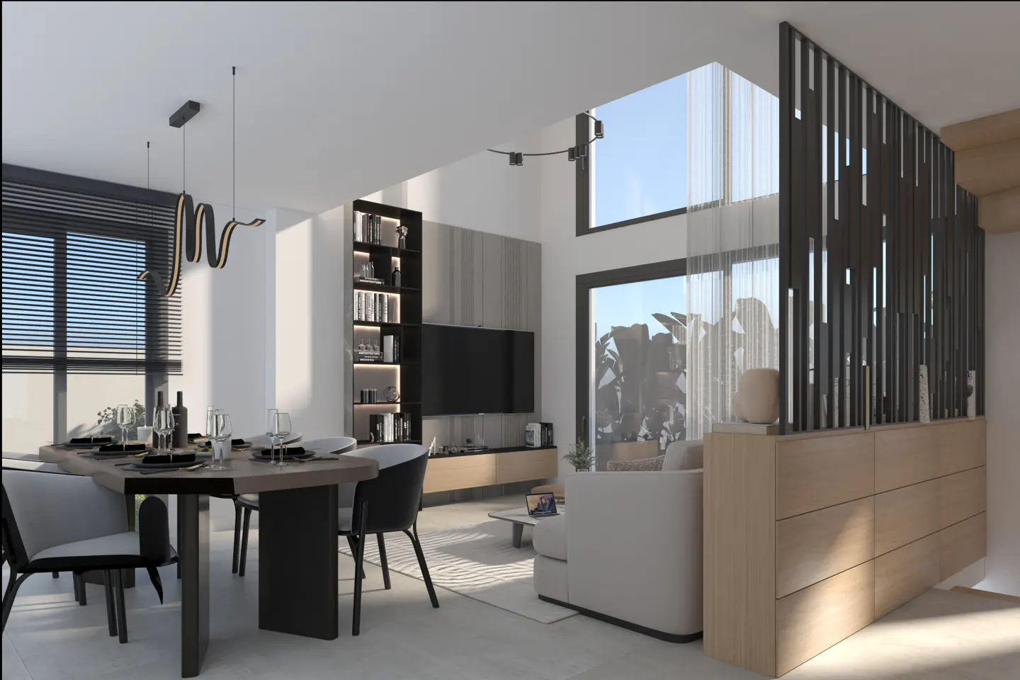 Open-concept living and dining area with a table set for dinner, a modern light fixture, and a decorative wood slat wall.