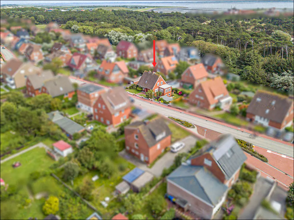 Aerial view of a red brick house with a brown roof, indicated by a red arrow, in a neighborhood near a forest and the sea.