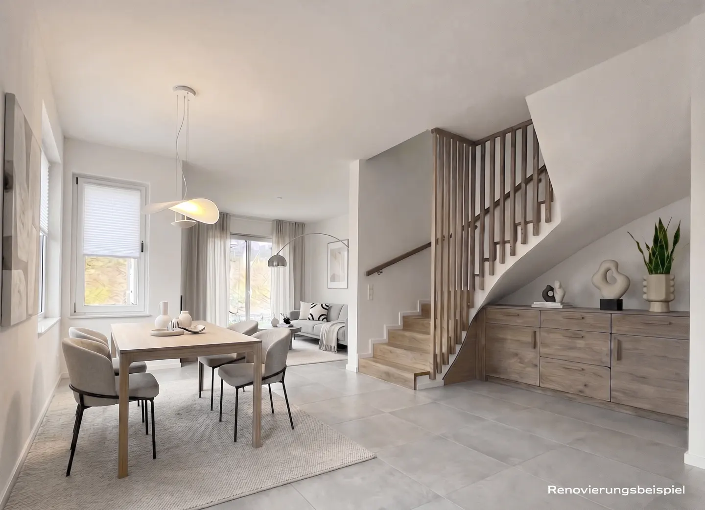 Bright, modern home interior with dining table, chairs, and staircase. Neutral color palette with wood accents. Living room visible in background.