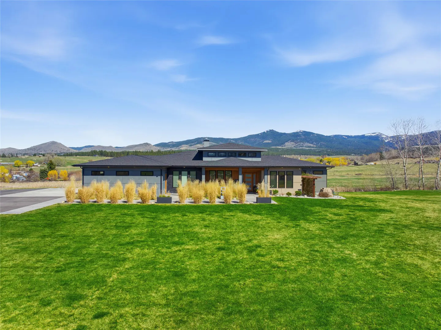 Modern gray house with a black roof, tall grass in front, and mountains in the background under a blue sky.