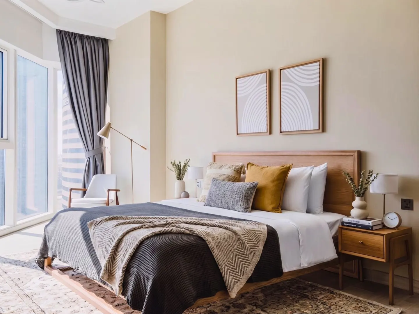 A bright bedroom features a wooden bed with white linens, throw pillows, and a patterned blanket. Two framed prints hang above the bed. A large window with gray curtains is on the left.