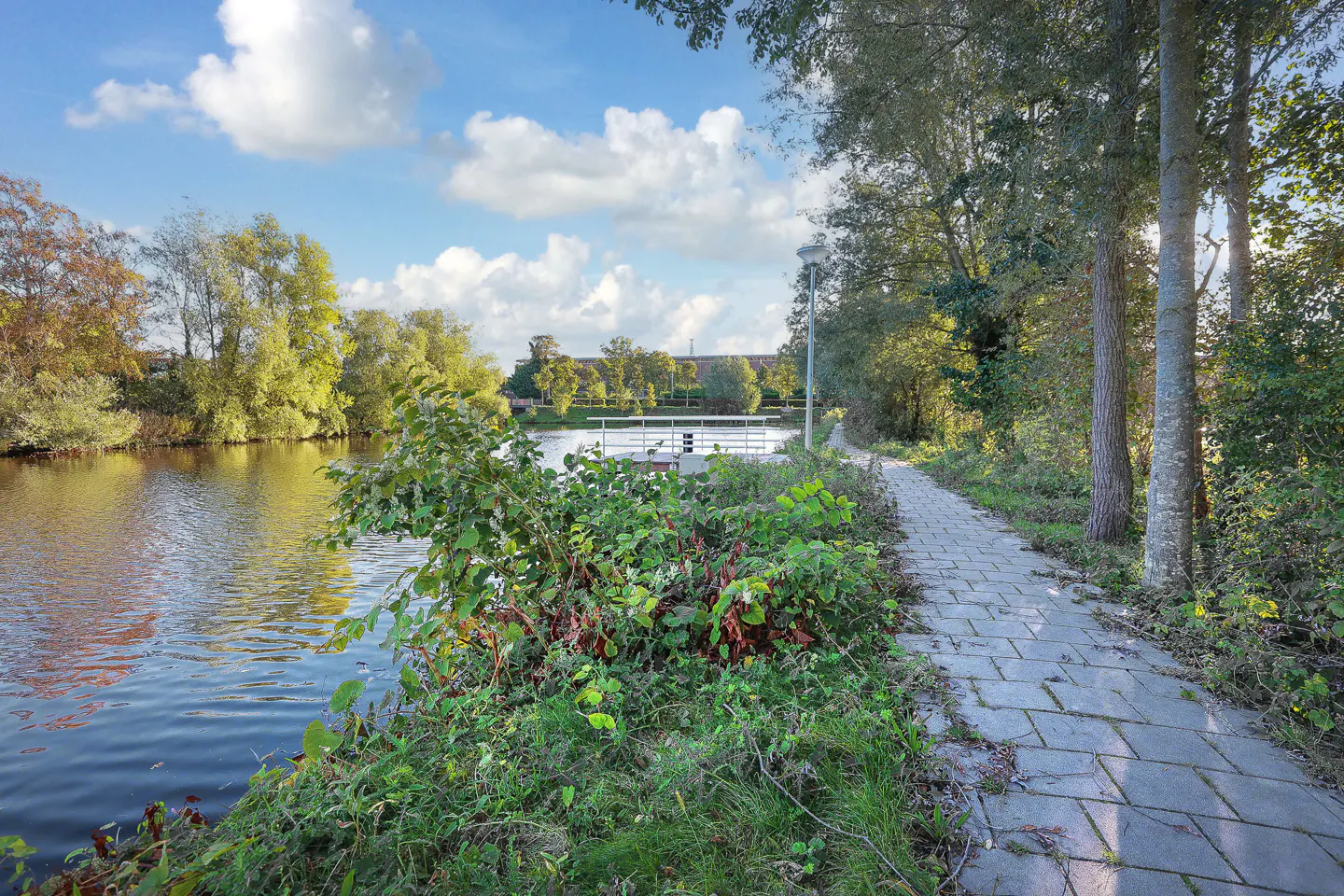 A paved path runs alongside a canal, lined with trees and greenery under a blue sky with white clouds.