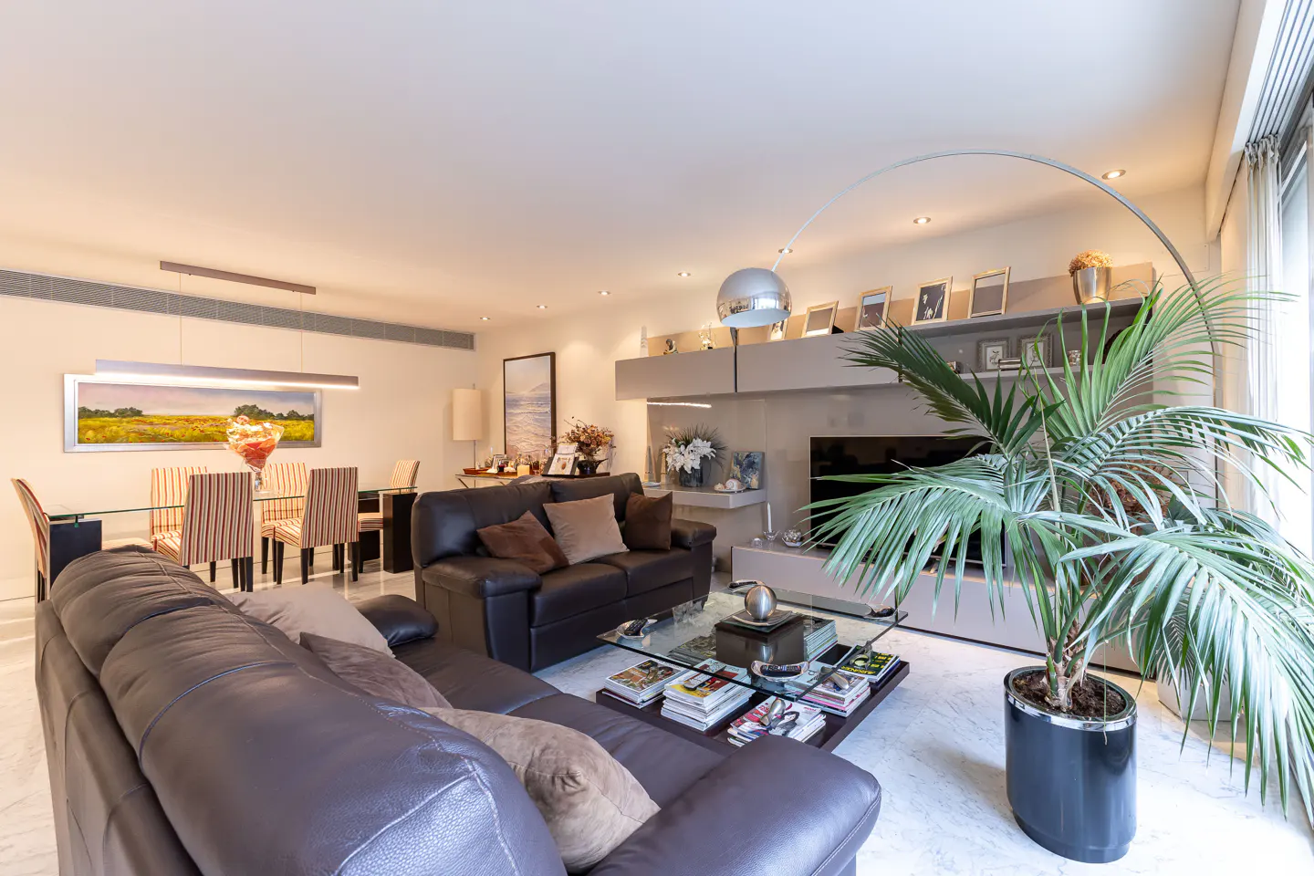 Modern living room with dark leather sofas, a glass coffee table, a large potted palm, and a dining area in the background.