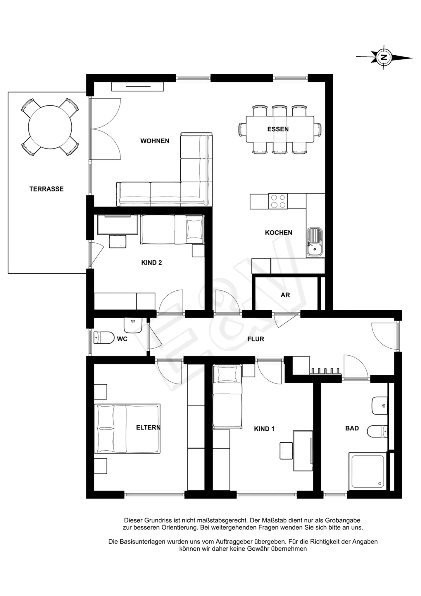 Black and white floor plan showing a terrace, living room, kitchen, dining room, two bedrooms, and a bathroom.