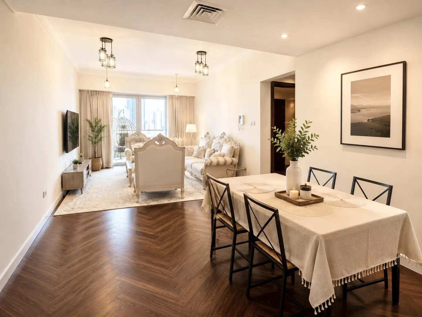 A bright, open-concept living and dining area with hardwood floors and neutral-toned furniture. A dining table with black chairs sits in the foreground.