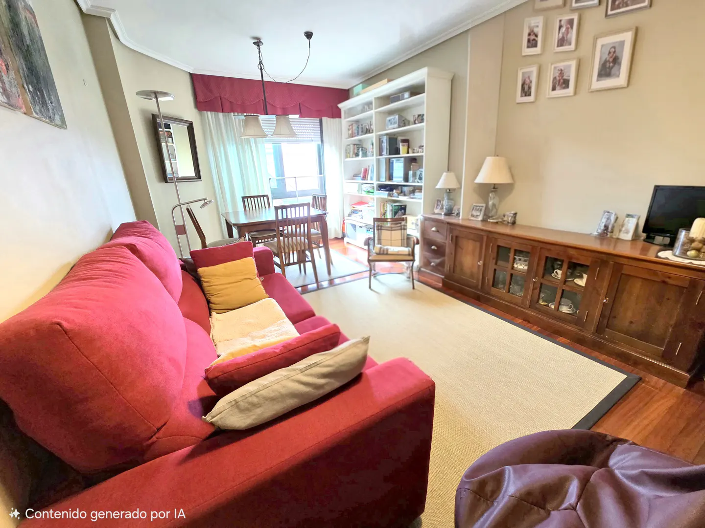 A living room with a red sofa, wooden furniture, a dining table, and a bookshelf.