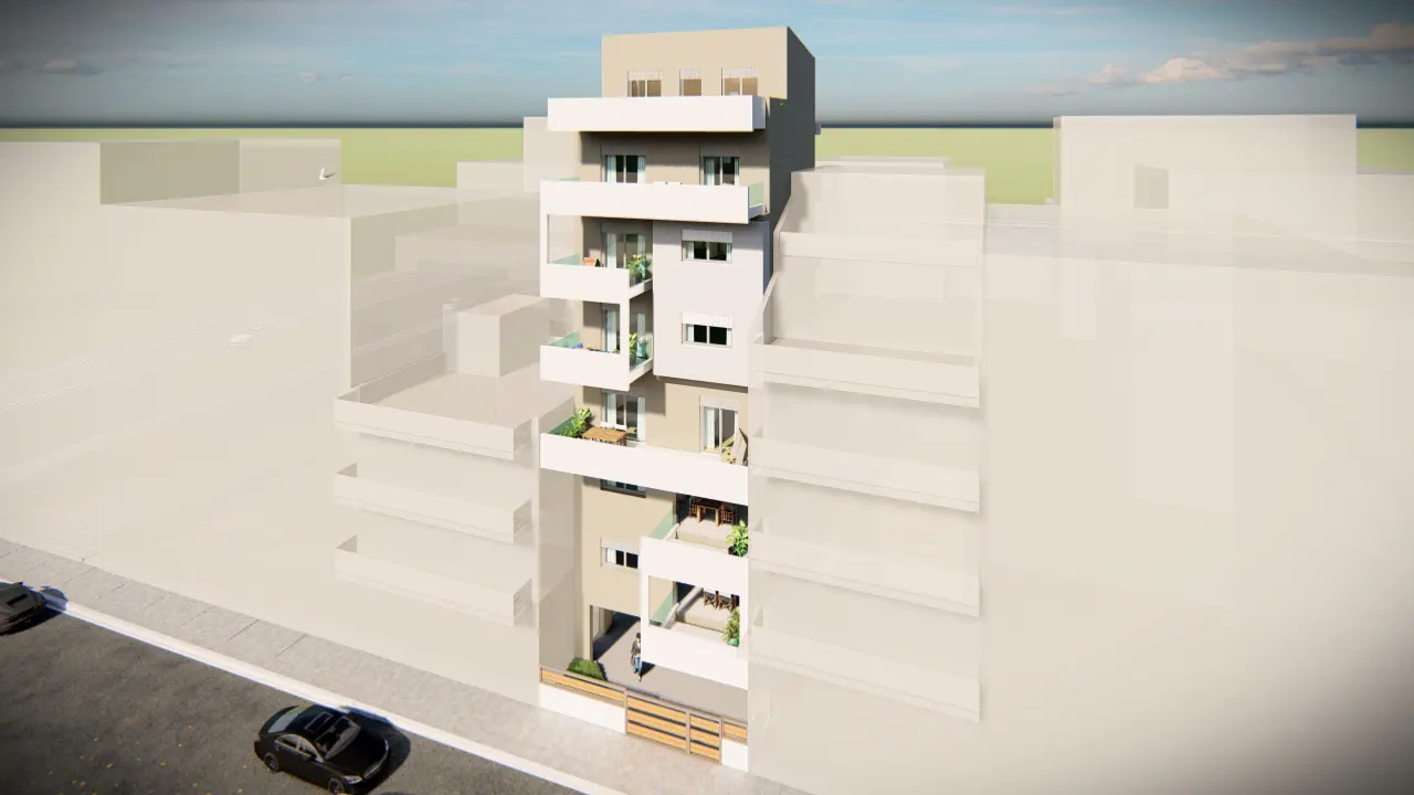 Modern apartment building with white balconies and a beige facade, surrounded by blurred buildings and cars.