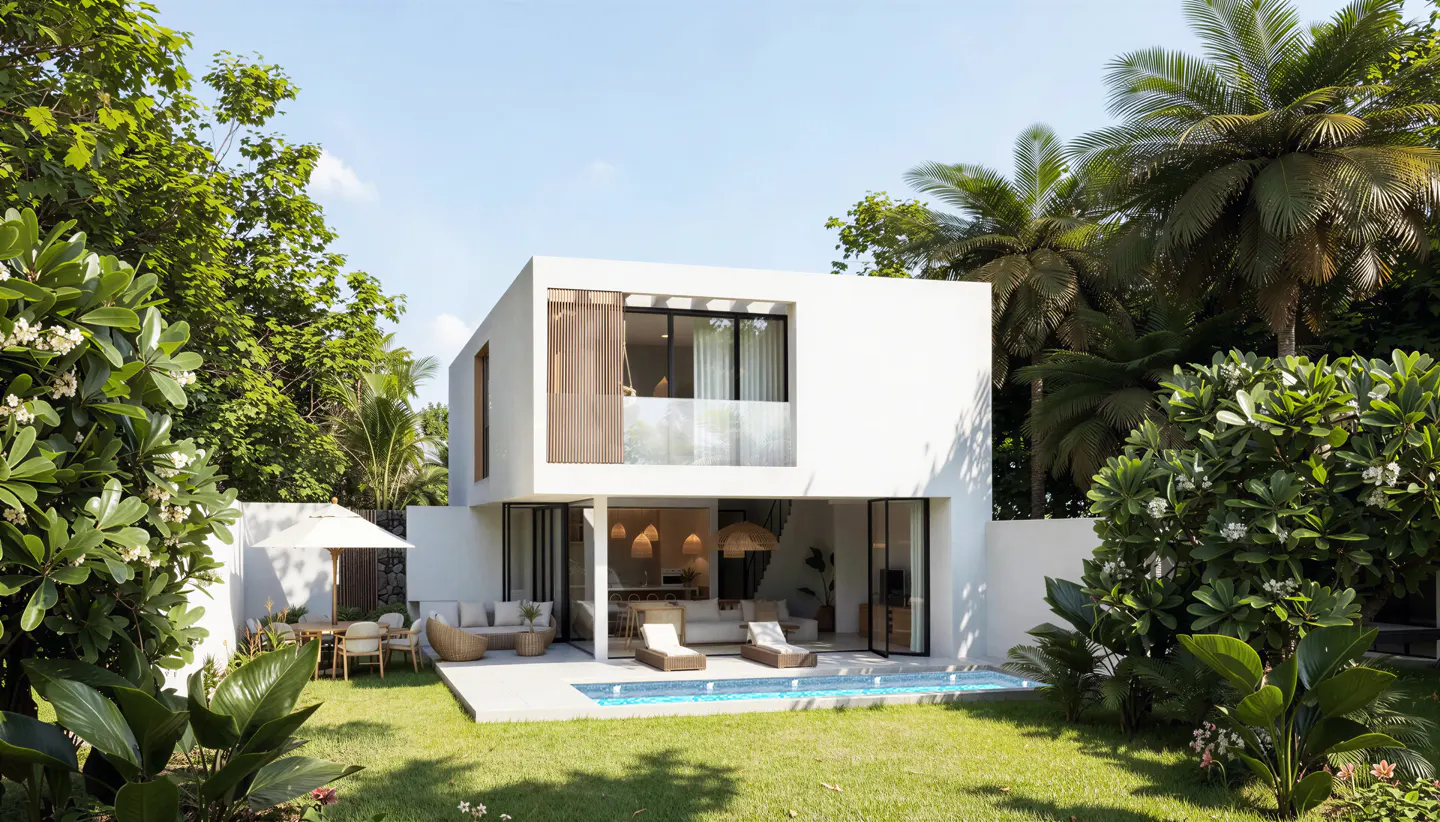 Two-story modern white house with a pool, lawn, and patio furniture surrounded by lush green trees and palms.