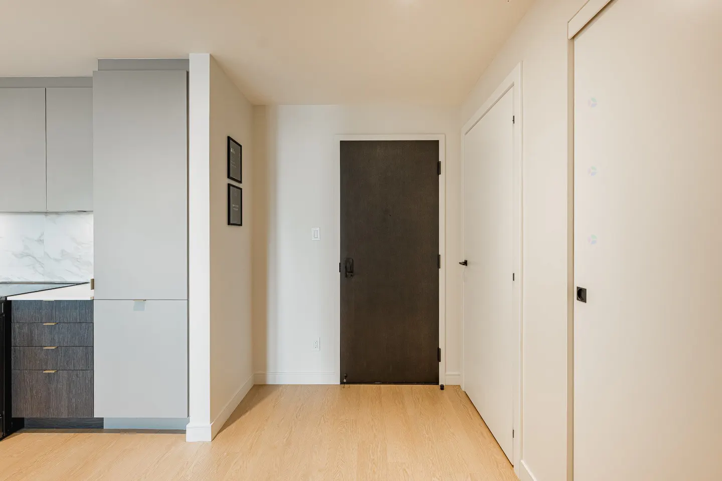 Interior view of a condo hallway with light wood floors, a dark brown door, and white closet doors. A kitchen area is visible on the left.