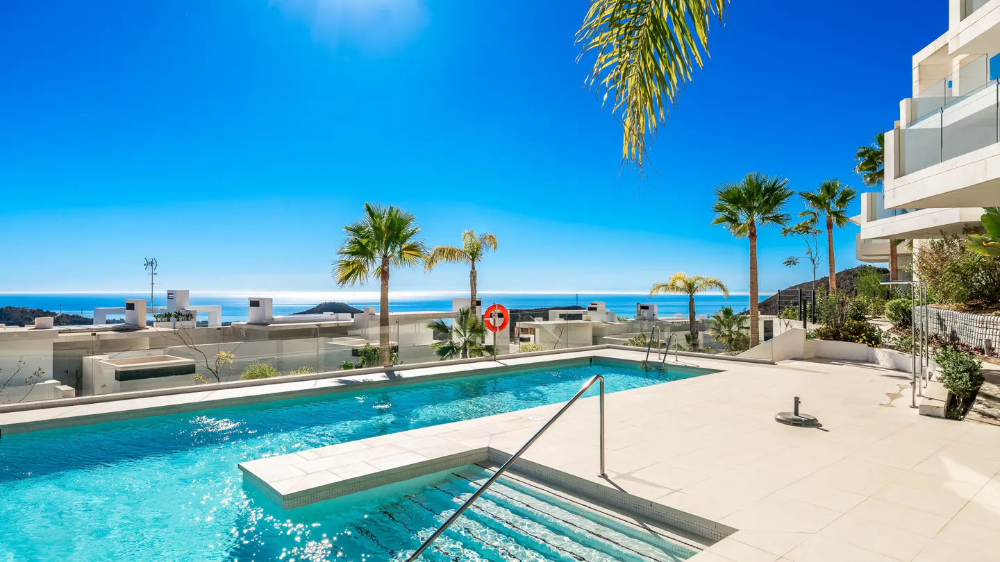 A bright blue swimming pool with steps and a handrail, set against a backdrop of palm trees and a sparkling ocean view.