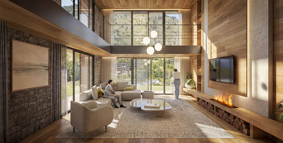 Living room with wood walls, stone accent wall, and large windows. A man sits on a gray sofa, and a woman stands near the windows. A fireplace is lit.