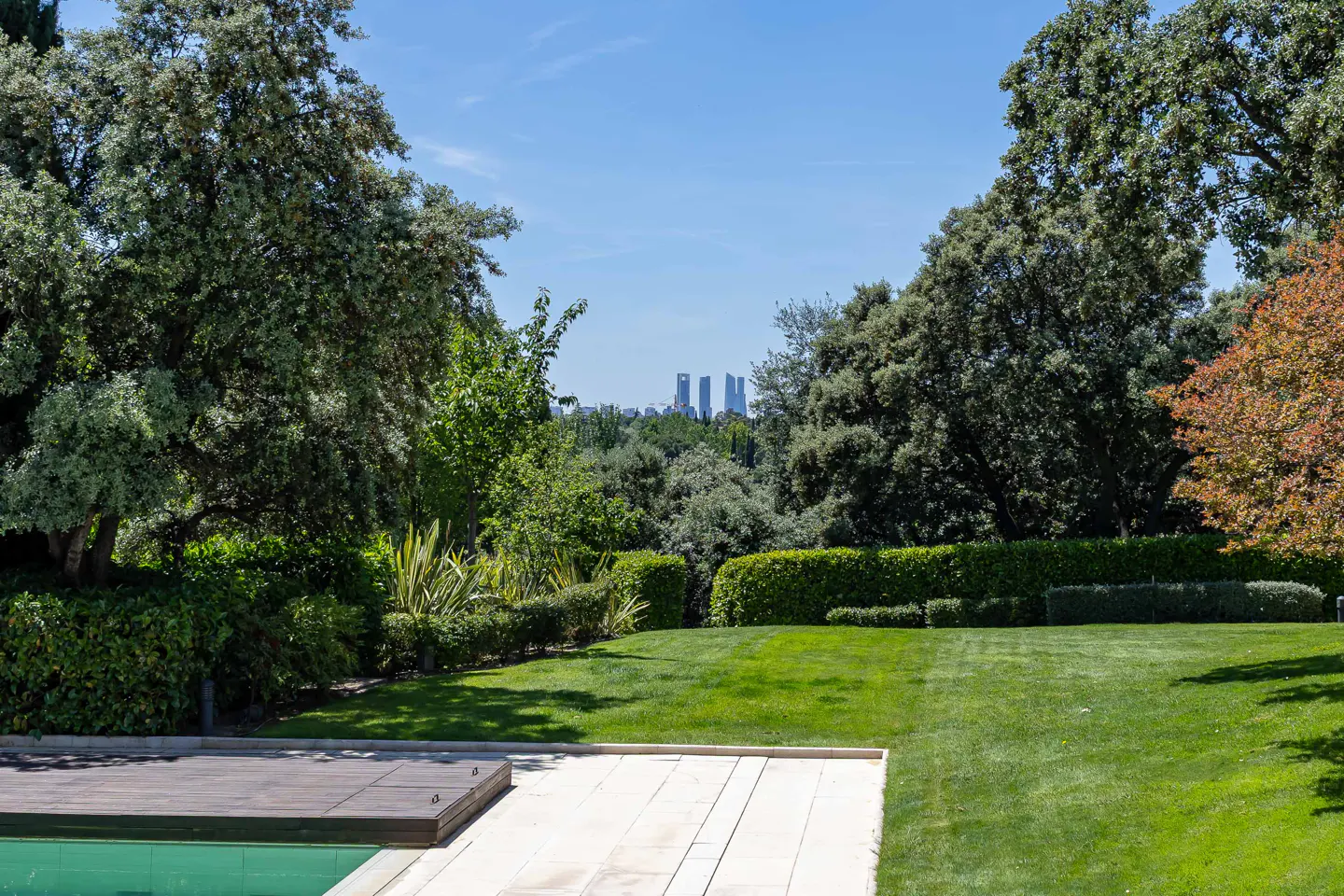 Lush green lawn and trees frame distant city skyscrapers under a blue sky. Pool deck visible in the foreground.