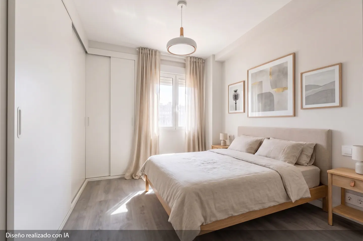 Bright bedroom with a beige bed, wood frame, and matching side tables. White walls, closet, and window with light curtains. Art on the wall.
