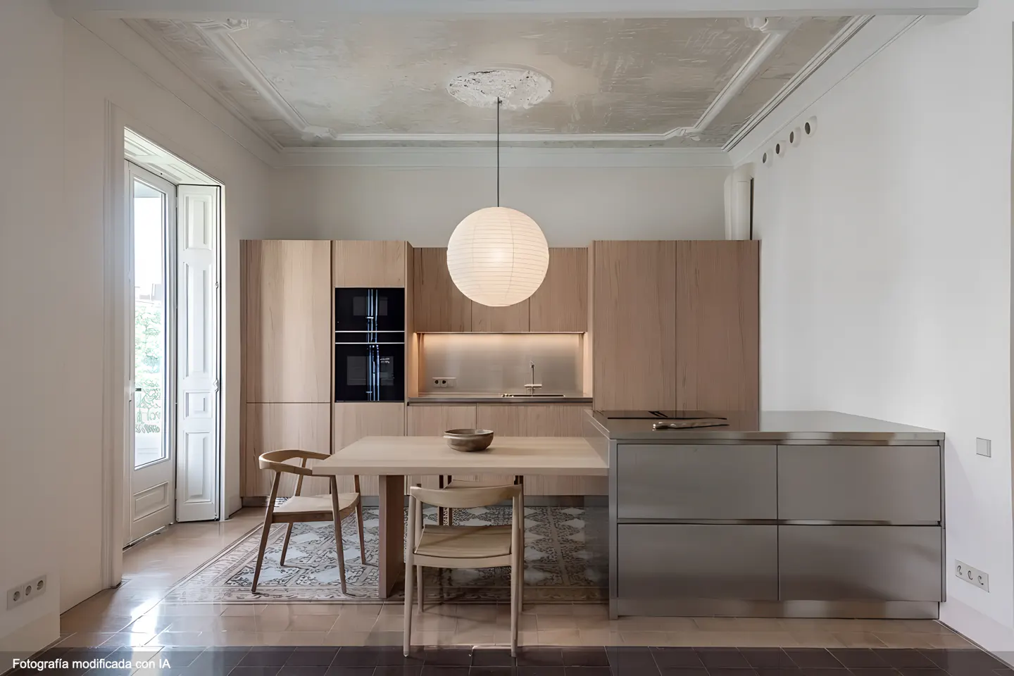 Bright kitchen with light wood cabinets, stainless steel island, and a round paper lantern pendant. A table with chairs sits on a patterned tile rug.