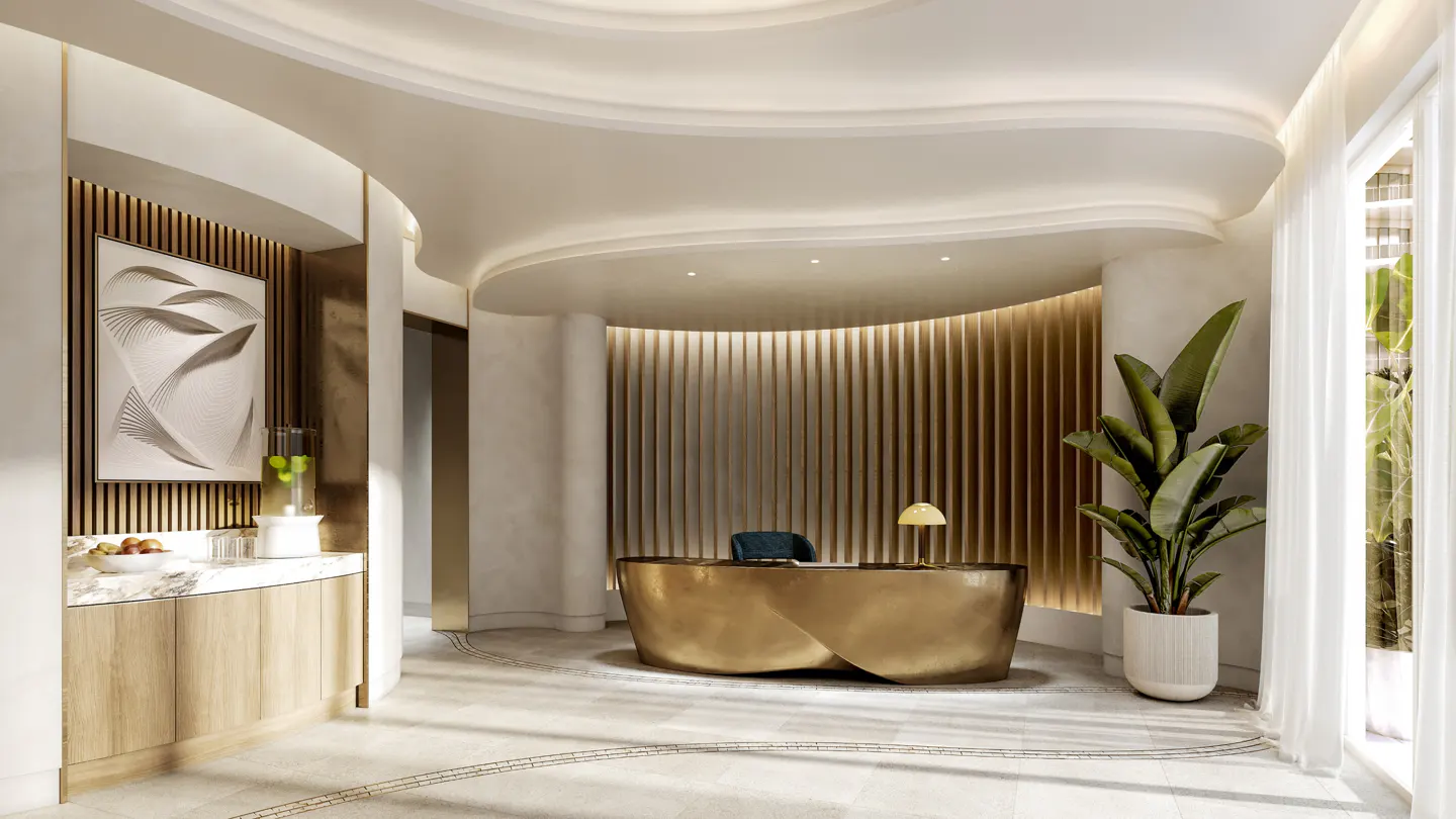 Bright lobby with a gold reception desk, wood-slat wall, and a large potted plant by a window with white curtains.