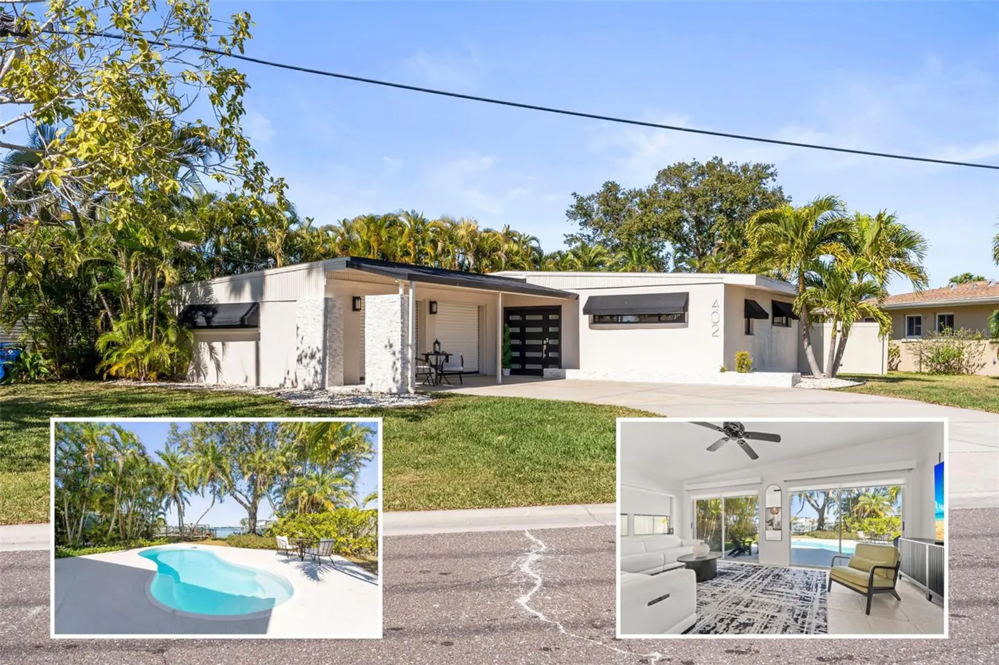 Modern white house with black trim, palm trees, and a blue sky. Inset images show a pool and the living room.
