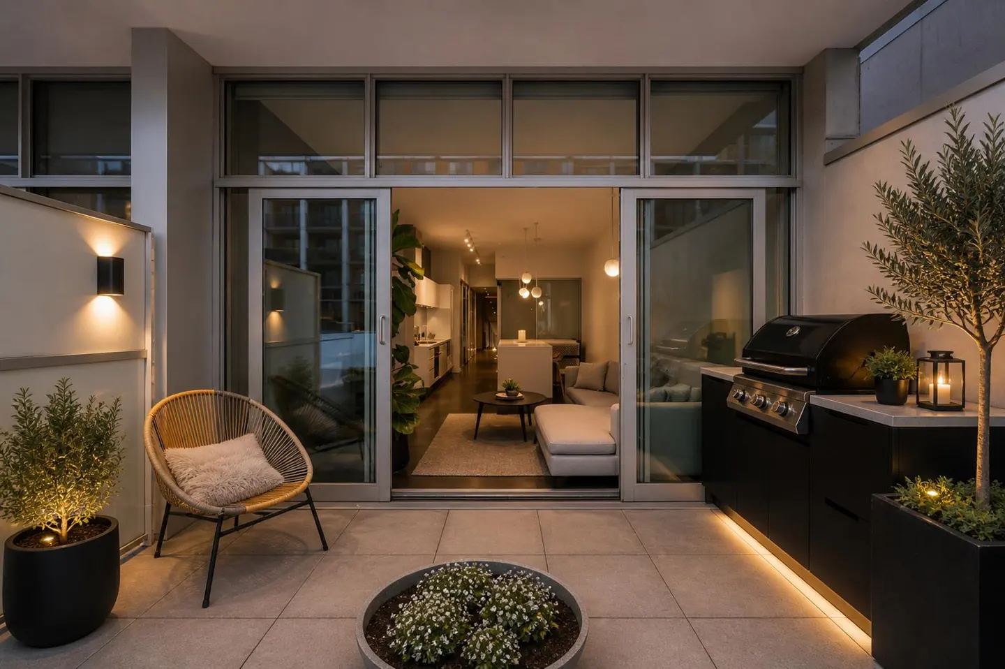 Outdoor patio with a grill, chair, and plants. Sliding glass doors open to a modern living room.