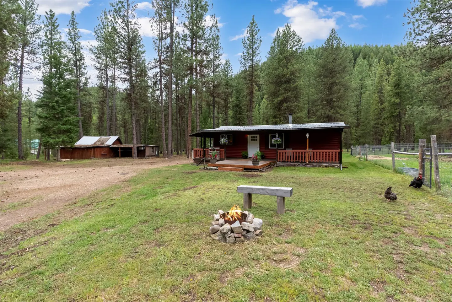 Exterior of a red cabin with a porch, surrounded by tall trees, a fire pit, and a shed.
