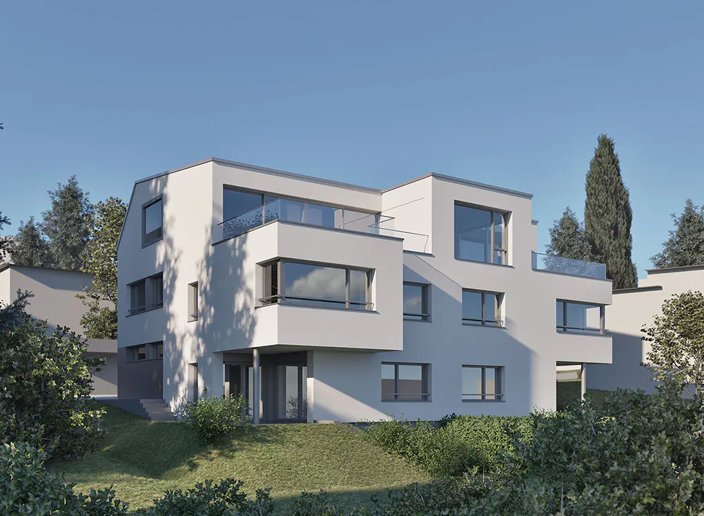 Modern white multi-story apartment building with large windows and balconies, set against a clear blue sky and greenery.