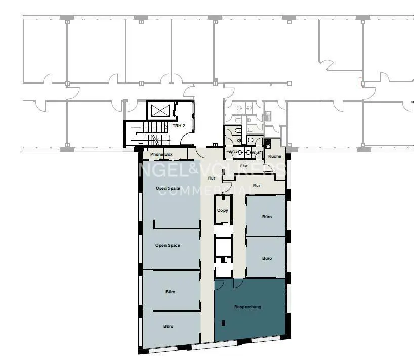 Floor plan of a commercial office space featuring open-plan areas, private offices, a kitchen, and a meeting room.