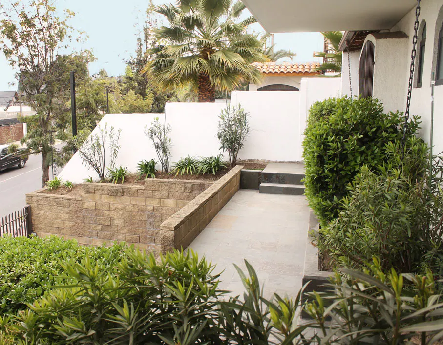 Landscaped walkway to a white house with green bushes and a palm tree in the background.