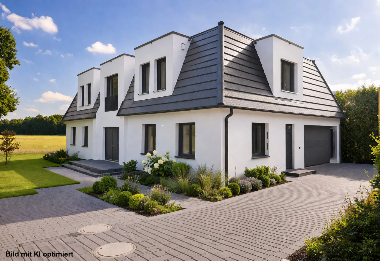 A modern two-story white house with a gray roof, black window frames, and a gray brick driveway.
