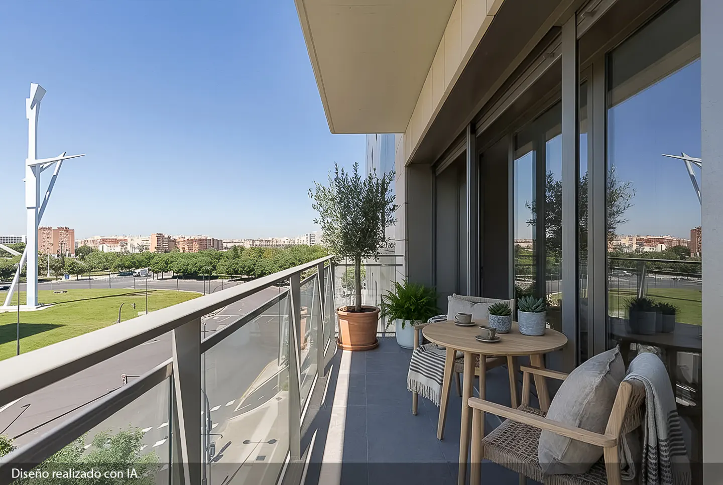Balcony with a table, chairs, and plants overlooking a city. The balcony has glass railings and a gray floor. The table is set for two.