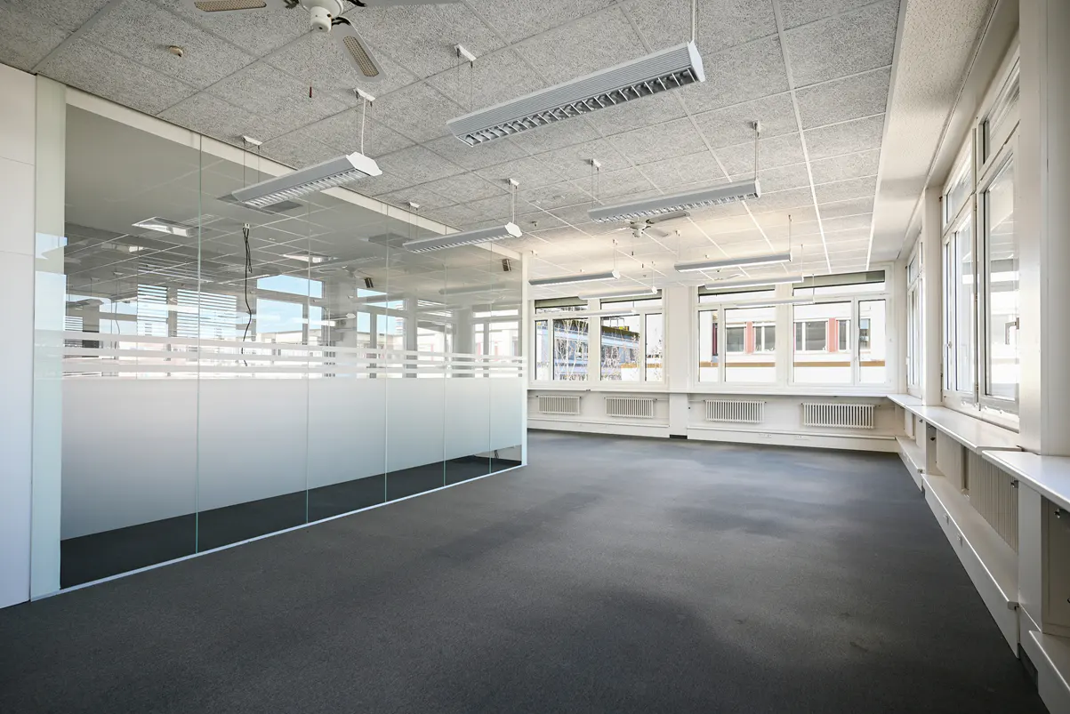 Empty office space with gray carpet, white walls, and frosted glass partitions. Windows line the right wall, and fluorescent lights hang from the textured ceiling.