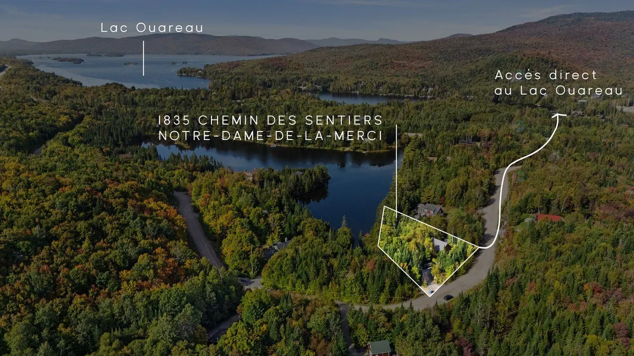 Aerial view of a wooded property at 1835 Chemin des Sentiers, Notre-Dame-de-la-Merci, with direct access to Lac Ouareau.