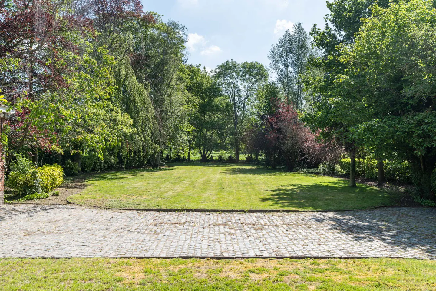 A large green lawn is surrounded by trees and a cobblestone driveway on a sunny day.