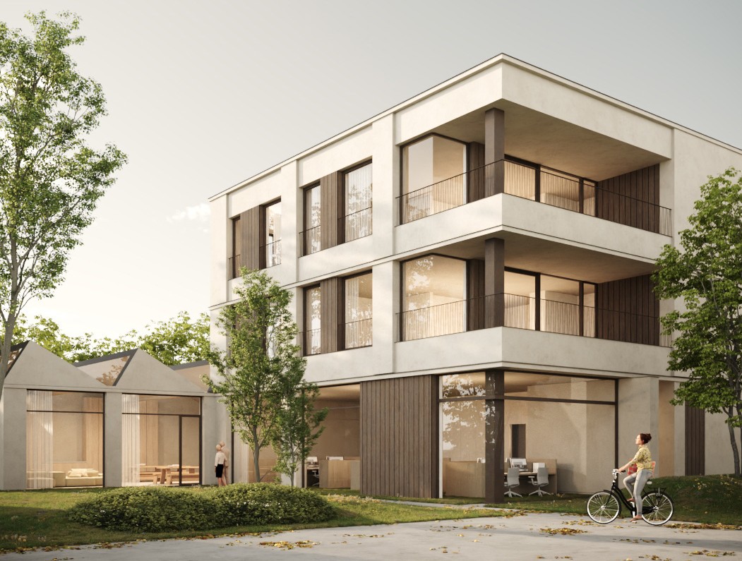 Modern three-story apartment building with balconies, large windows, and a person riding a bicycle in the foreground. [AI-generated text]
