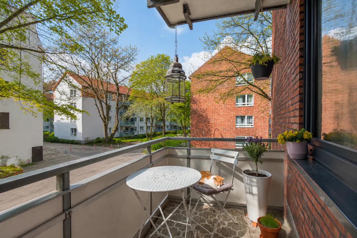 Balcony view with a cat resting on a chair next to a white table. Potted plants and a hanging lantern decorate the space. Brick buildings are visible.