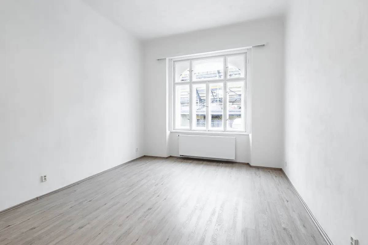 Bright, empty room with white walls and light wood floors. A large, multi-paned window lets in natural light. A white radiator sits beneath the window.