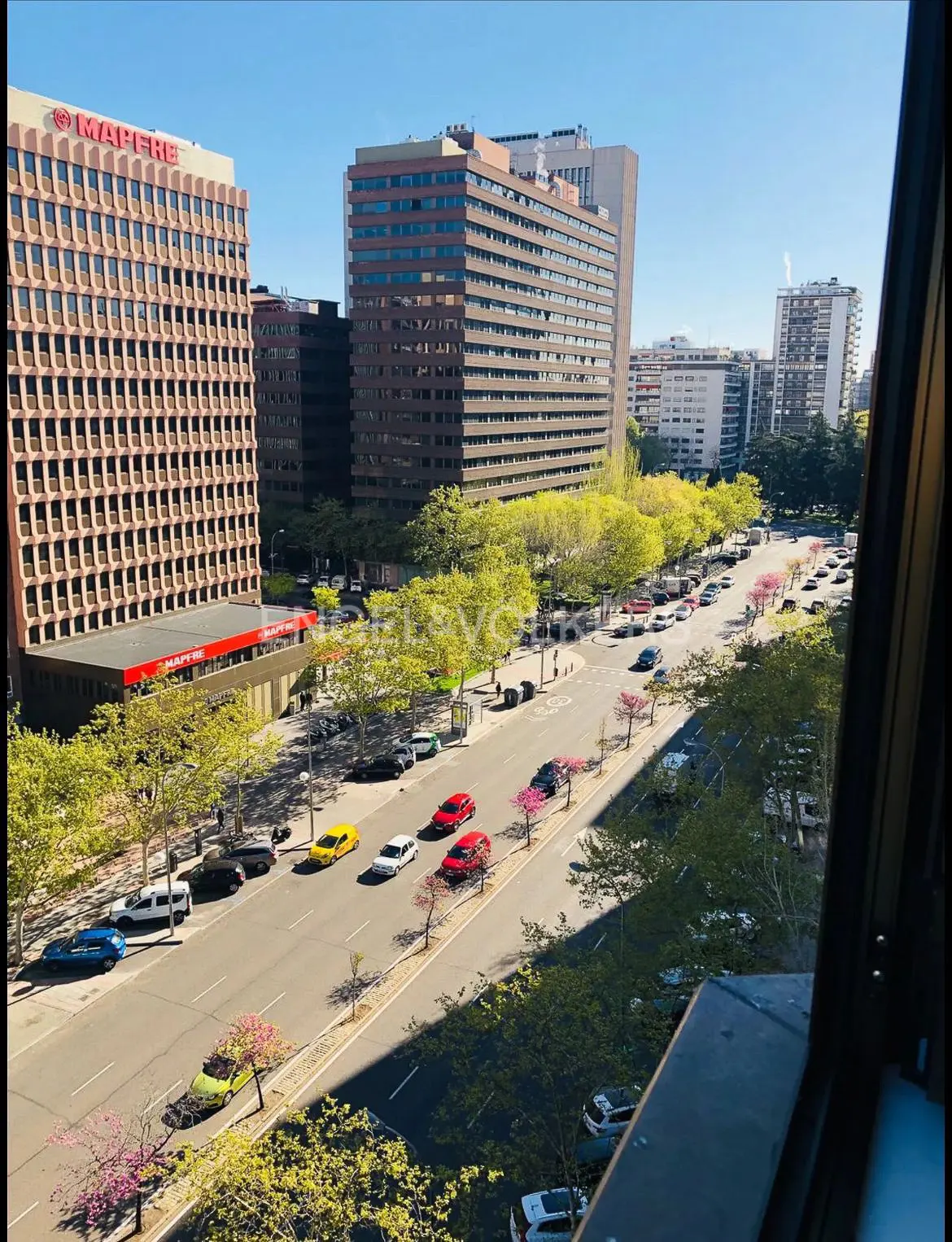 View from a high-rise shows a city street with cars, trees, and tall buildings under a clear blue sky.