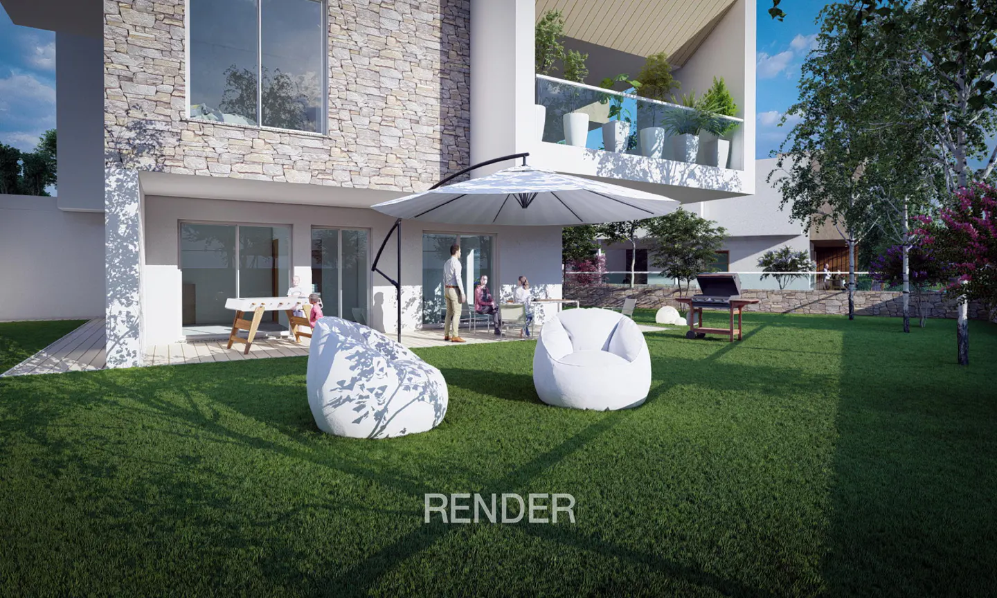 Modern stone house exterior with a grassy backyard, white beanbag chairs, a patio umbrella, and a family area.