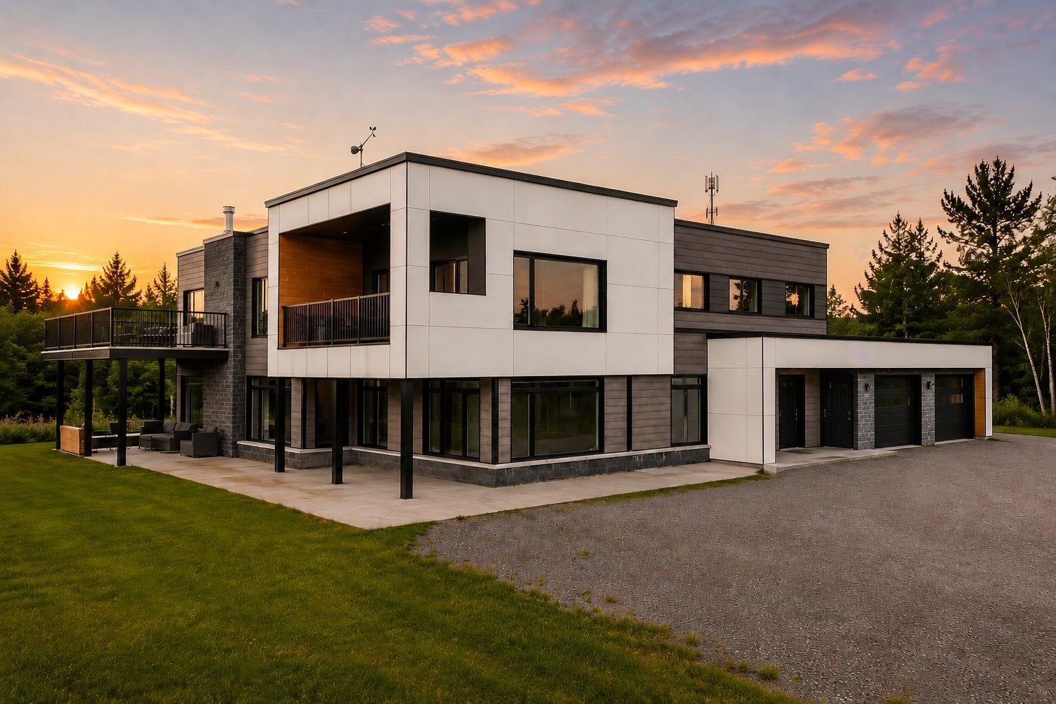 Modern two-story home with white and grey exterior, large windows, and a balcony at sunset with trees in the background. [AI-generated text]