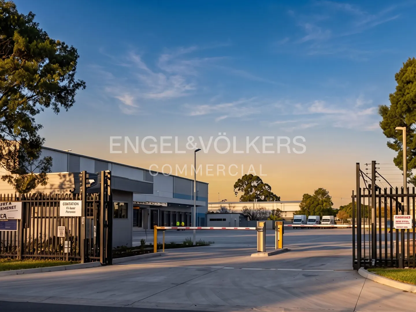 Exterior view of a commercial property with a gated entrance, a modern building, and a blue sky at dusk.
