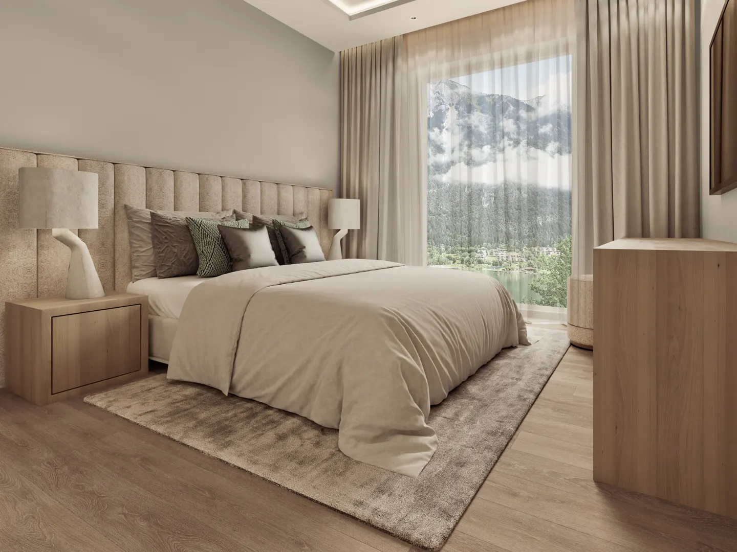Bedroom with a beige bed, wood floors, and a large window with mountain views. Neutral tones create a serene atmosphere.