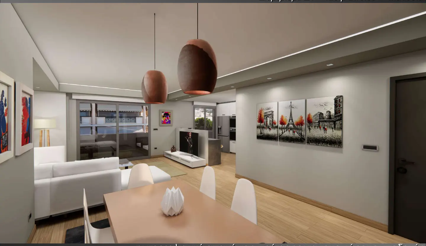 A modern living room with a dining table, white sofa, and Paris-themed art. Two brown pendant lights hang above the table. A balcony is visible in the background.