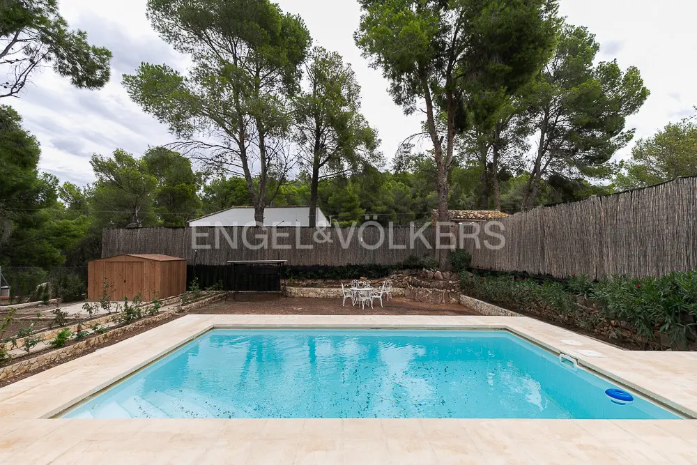 Rectangular pool with light blue water, surrounded by a stone patio, trees, and a wooden fence. A white table and chairs are in the background.
