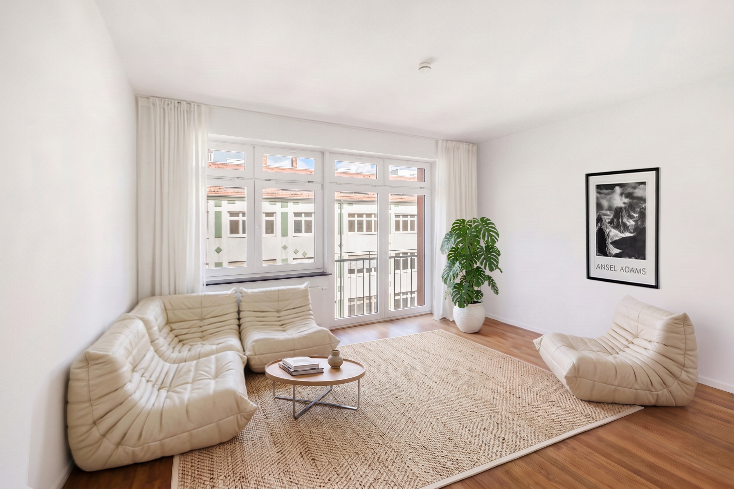 Quiet courtyard location, lively neighborhood – Stylish apartment with shared rooftop terrace [AI-modified]