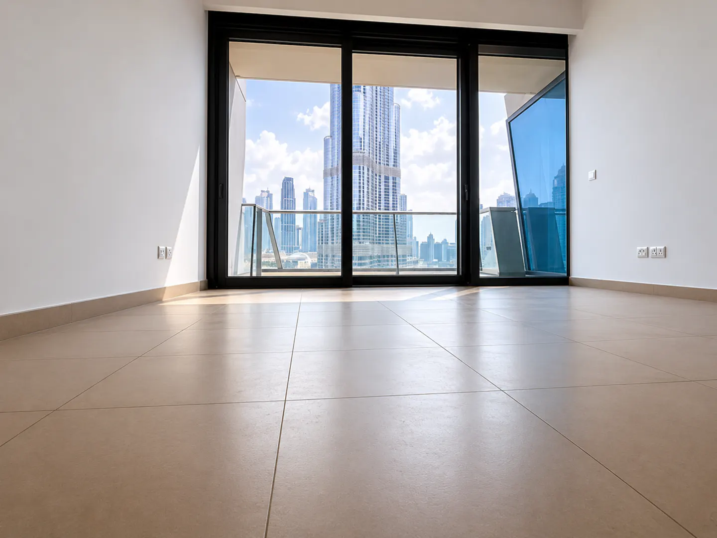 Empty room with beige tiled floors and large sliding glass doors offering a view of the Burj Khalifa and Dubai skyline.