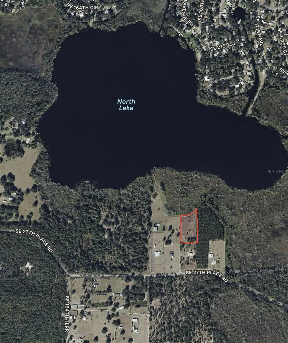 Aerial view of land for sale near North Lake, Florida. The property is outlined in red and surrounded by trees and houses.