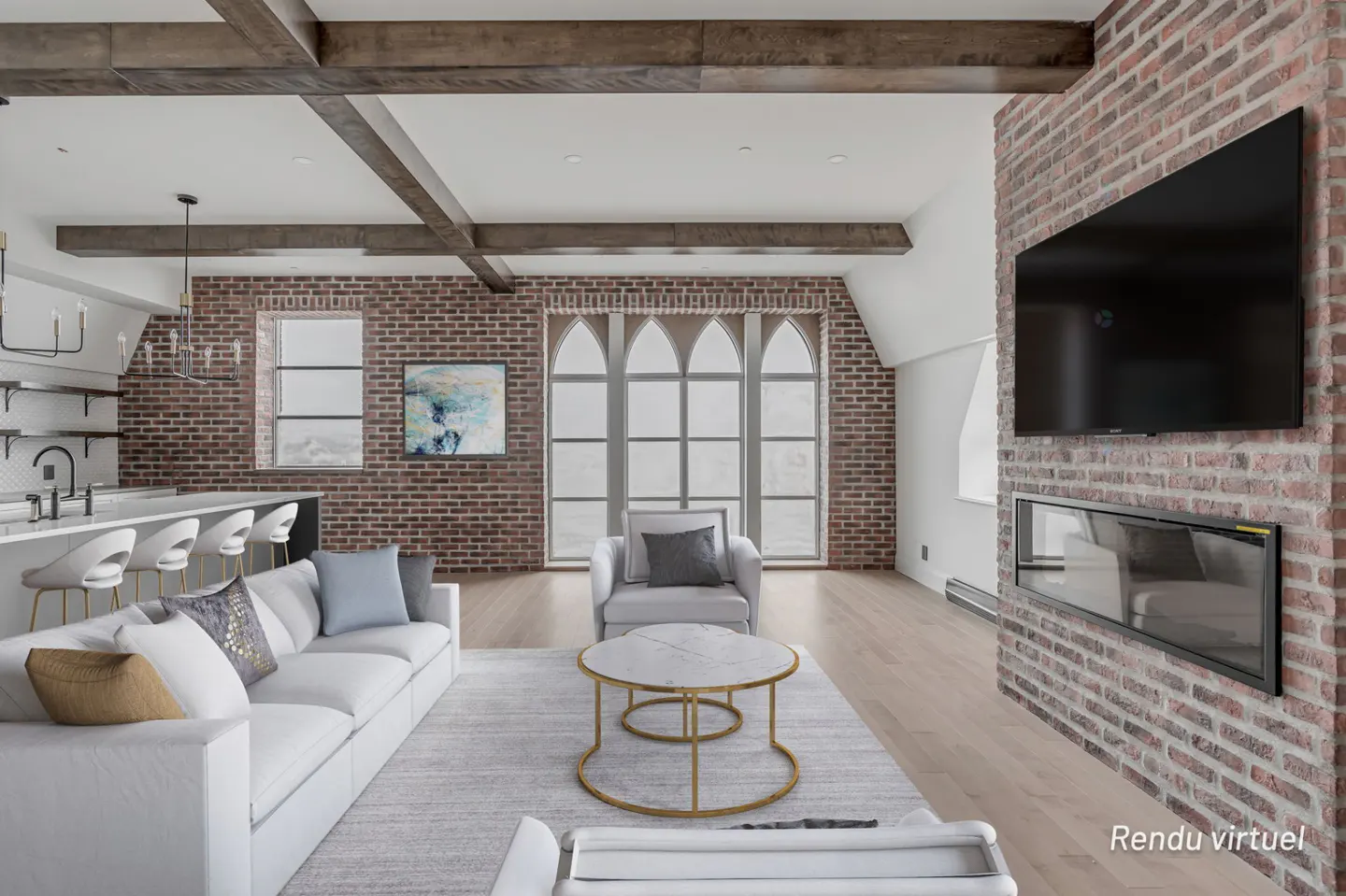Bright living room with white sofa, marble table, brick wall, fireplace, and large arched windows.